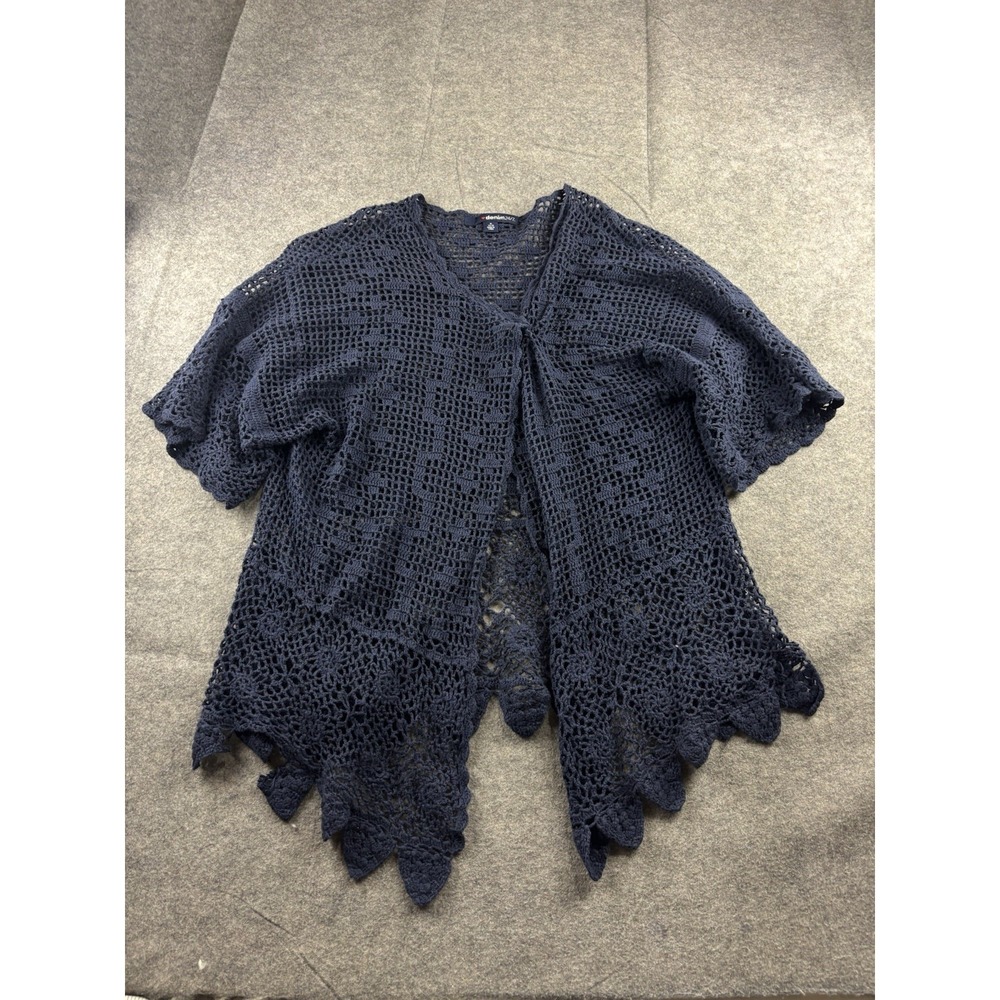 Denim 24/7 Womens M Crochet Open Knit Cardigan Navy Hippie Coastal Boho Festival